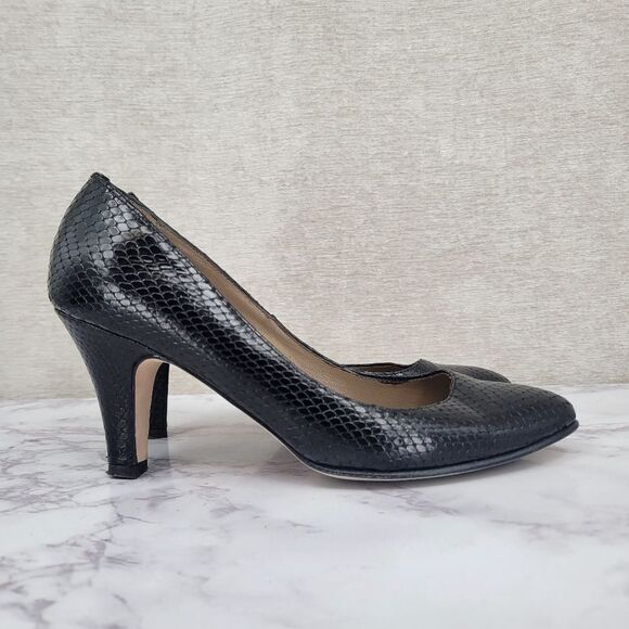 ANYI LU Black Leather Snakeskin Print Pumps Heels Italian Women's Euro Size 38.5 - Picture 1 of 12